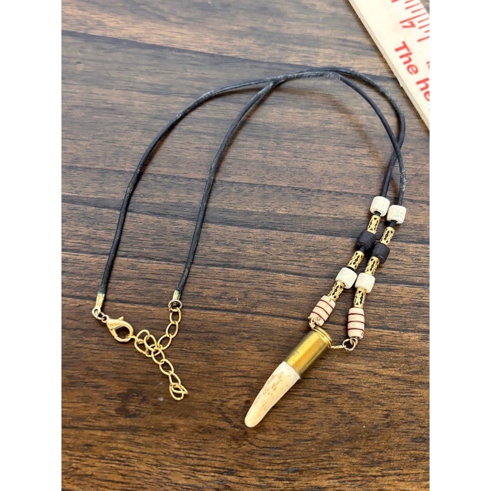 Boho Bullet Casing Bone Spike Pendant Necklace Black Cord Wood Bead Bib Gold